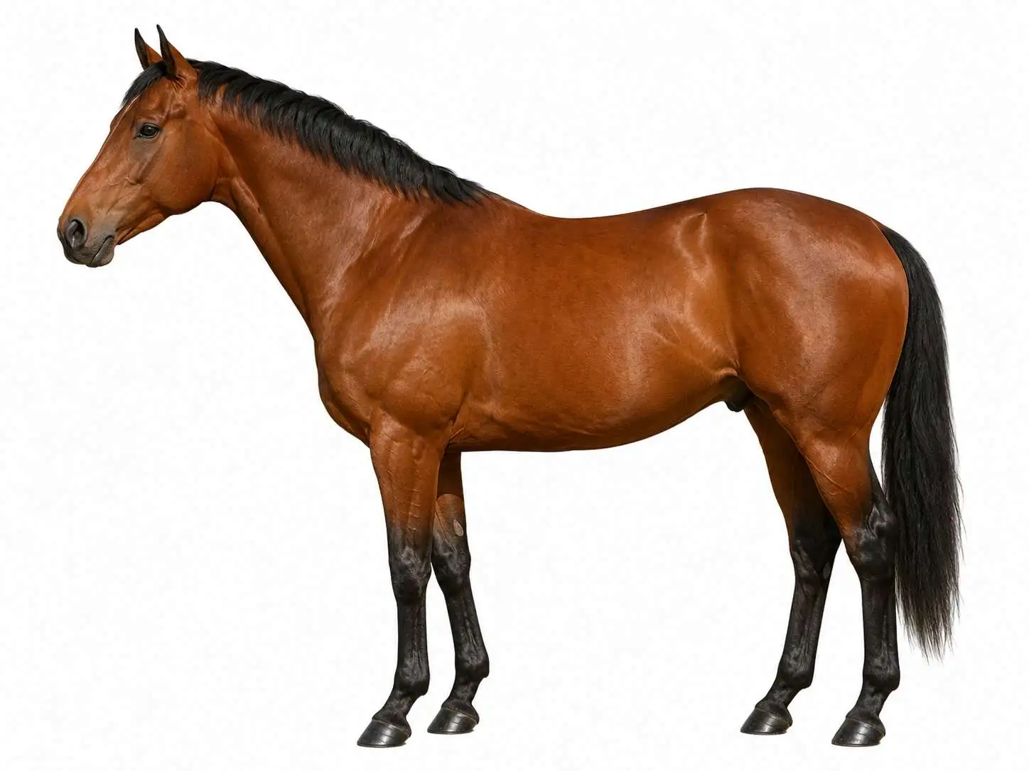 Bay horse — Brown body with black mane, tail, and lower legs
