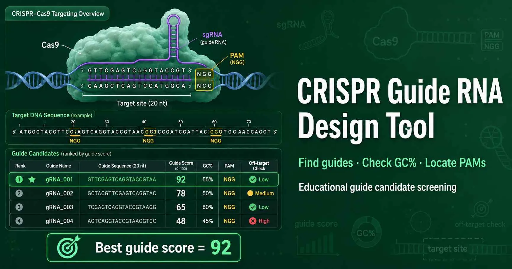 CRISPR guide RNA design diagram showing DNA target sequence, PAM sites, sgRNA candidates, GC content, and guide ranking