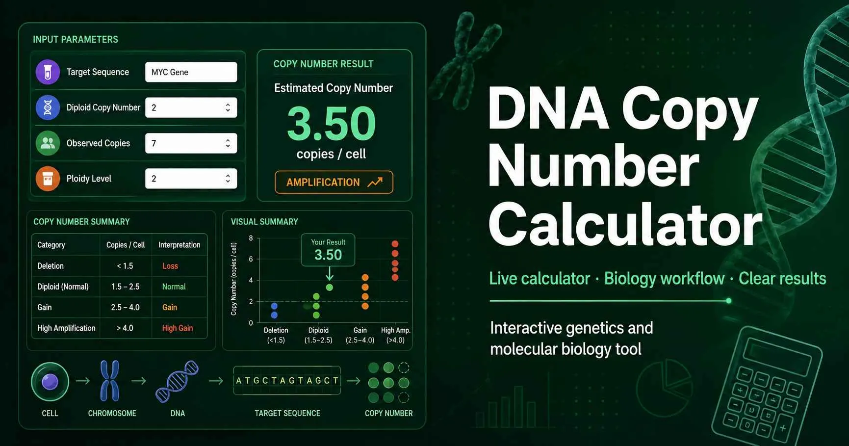 DNA copy number calculator diagram showing DNA concentration, base pair length, Avogadro constant, and calculated DNA molecules per microliter