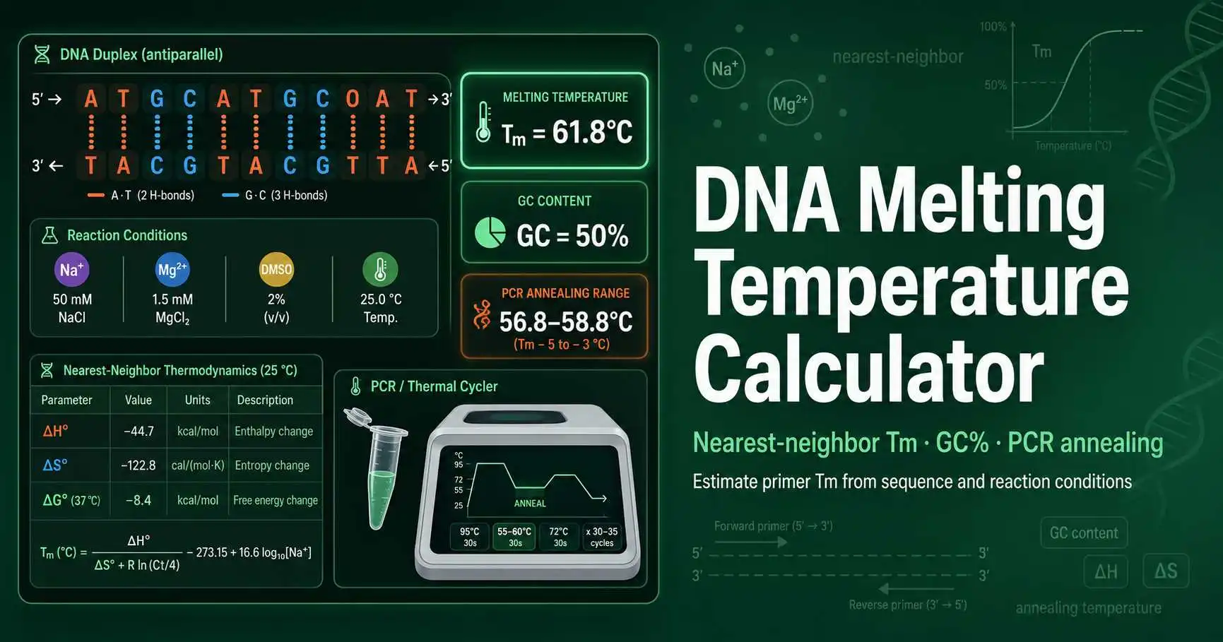 DNA melting temperature diagram showing an antiparallel primer duplex, nearest-neighbor base stacks, salt ions, and PCR annealing temperature output