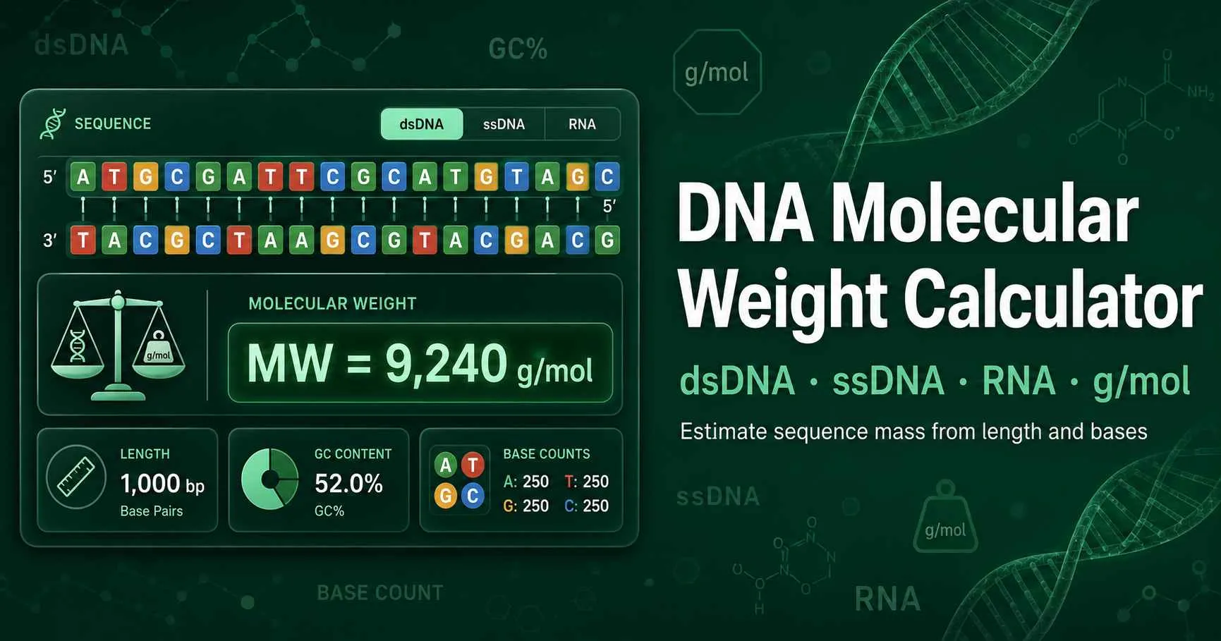 DNA molecular weight calculator diagram showing base composition, nucleotide mass, GC content, ng per microlitre to nM conversion, and molecule copy number