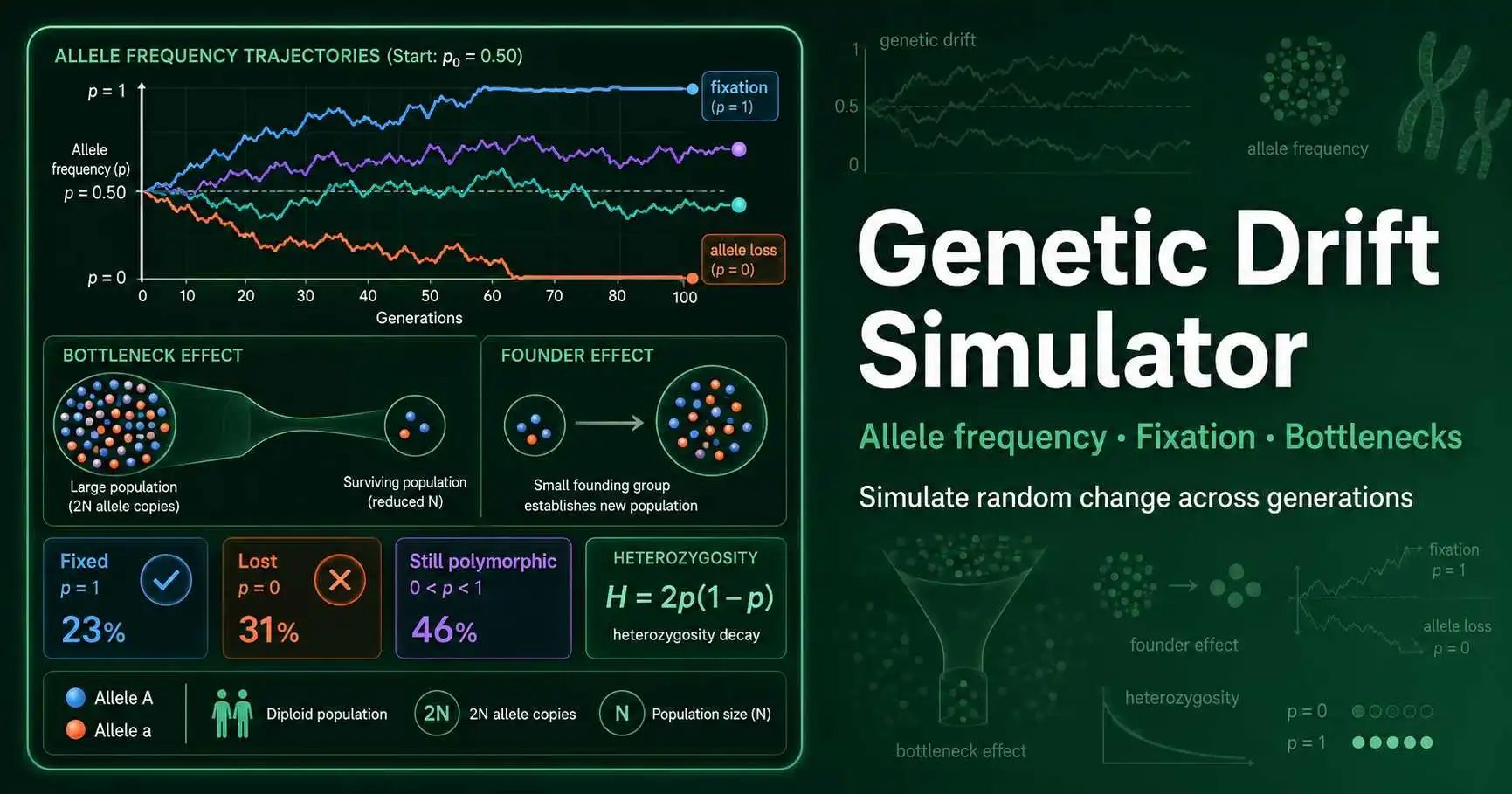 Genetic drift simulation diagram showing allele frequency trajectories, fixation, loss, bottleneck effect, and heterozygosity decay