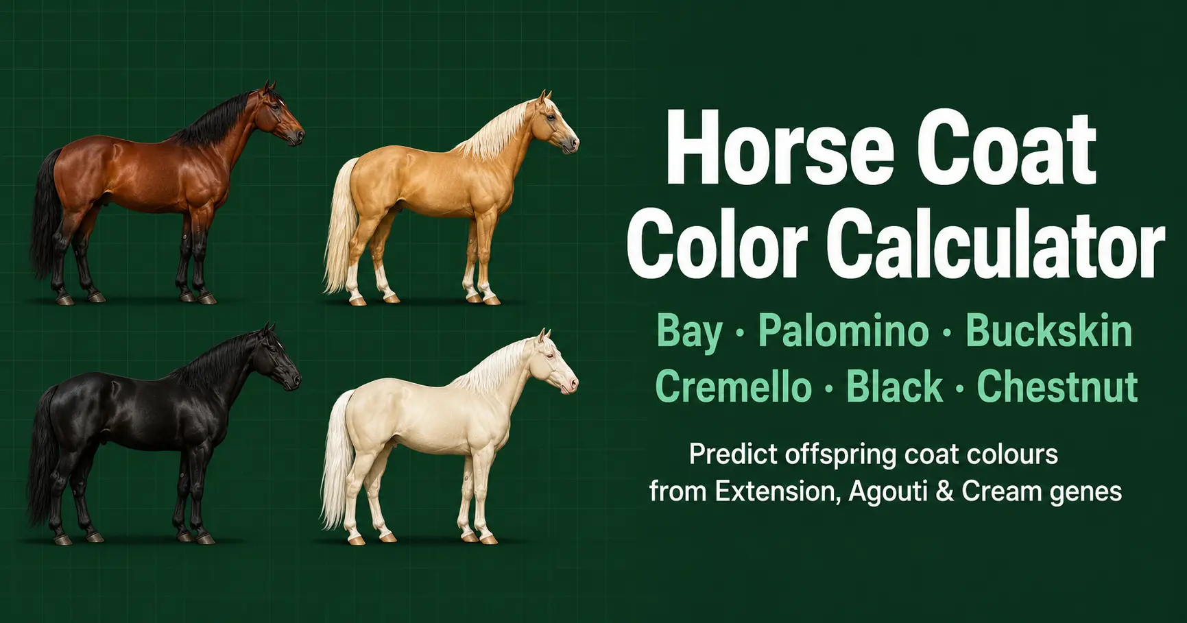 Comparison chart of horse coat colors showing bay, chestnut, black, palomino, buckskin, and cremello phenotypes