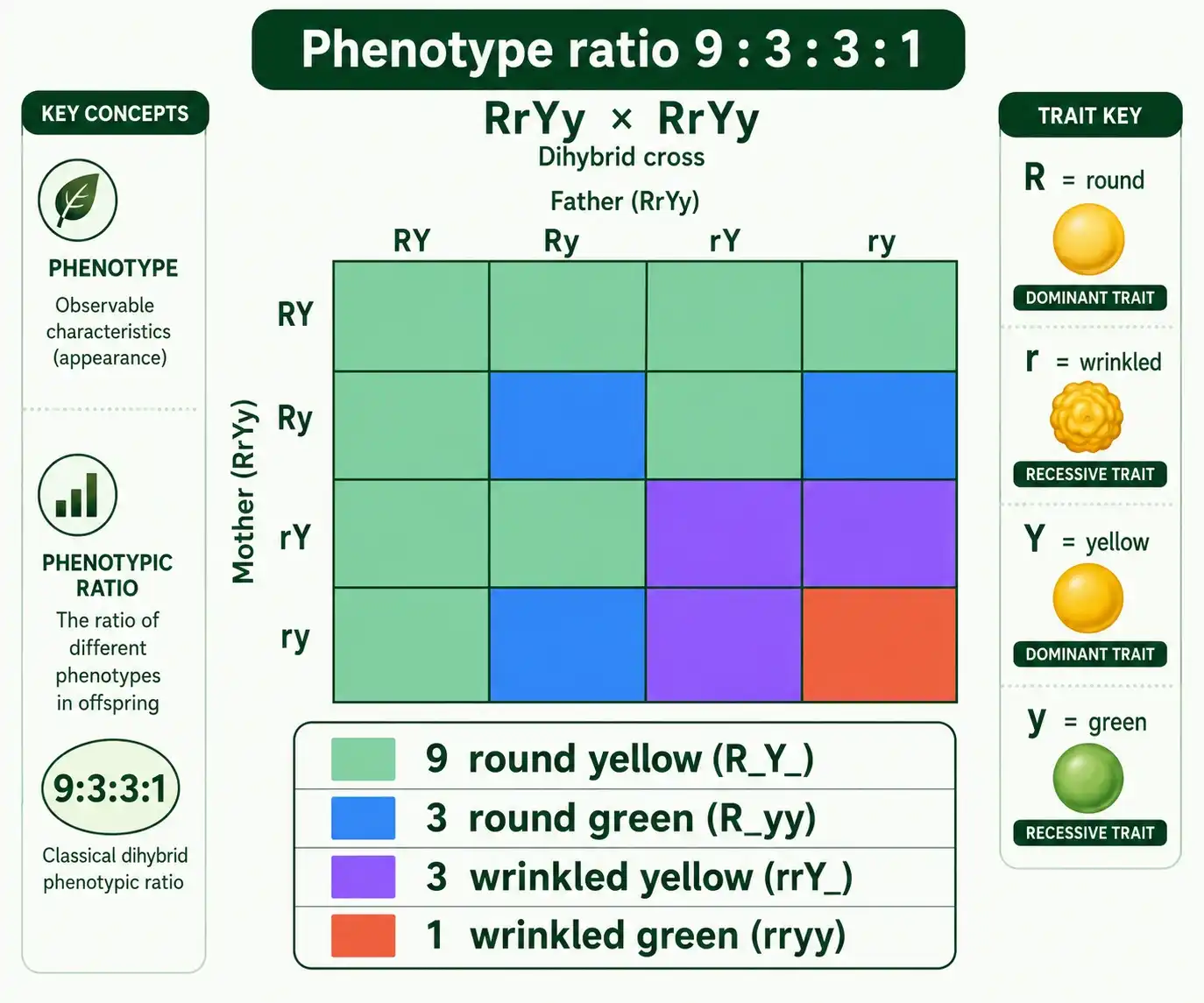 Color-coded dihybrid grid showing 9:3:3:1 phenotype split