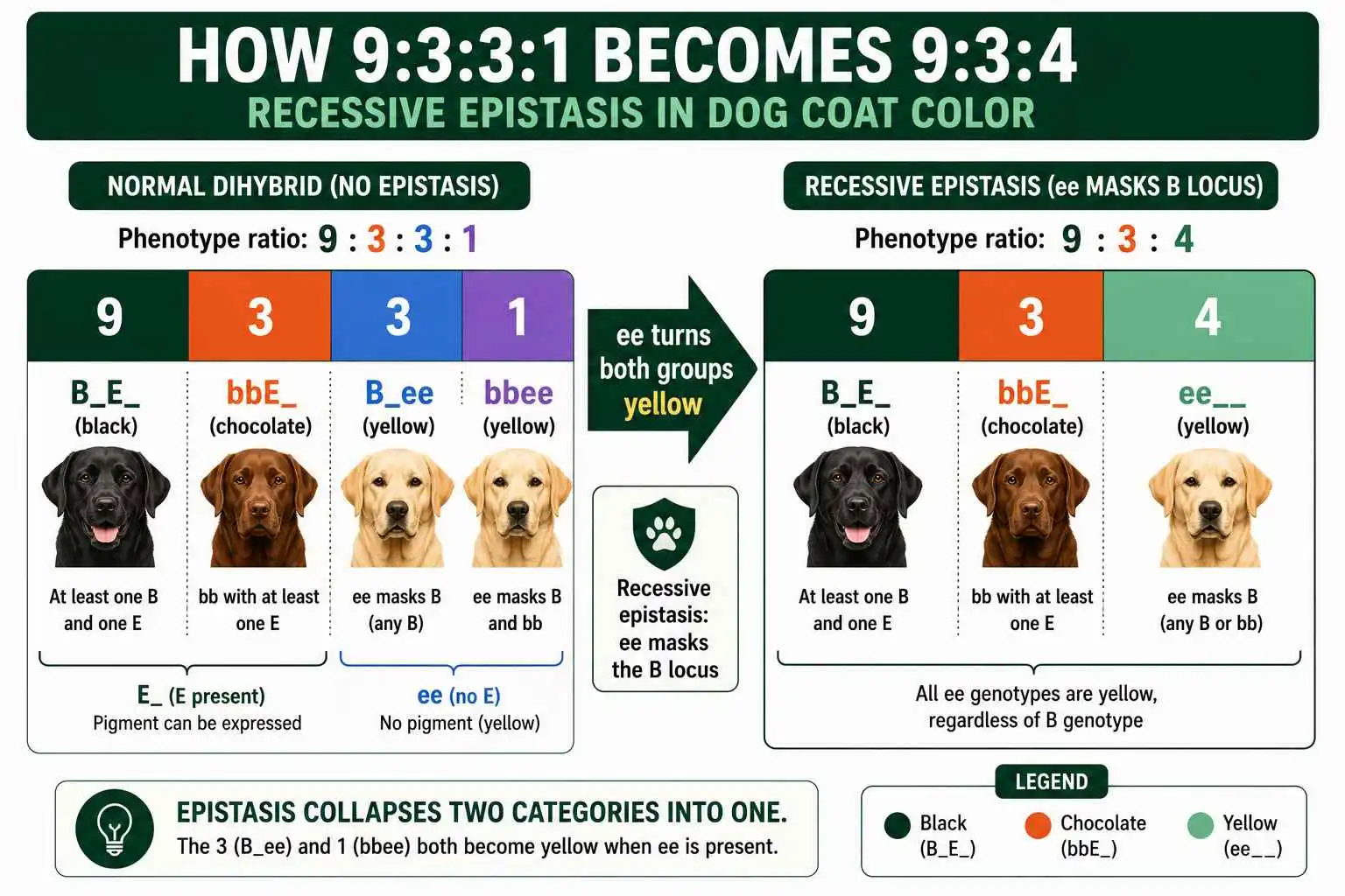 9:3:4 epistasis ratio in dogs