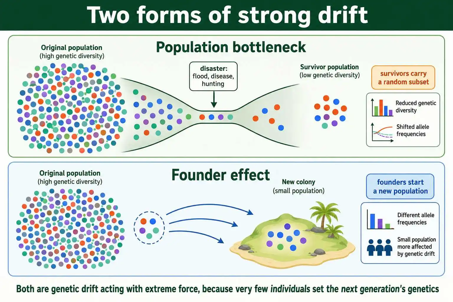 Bottleneck and founder effect compared