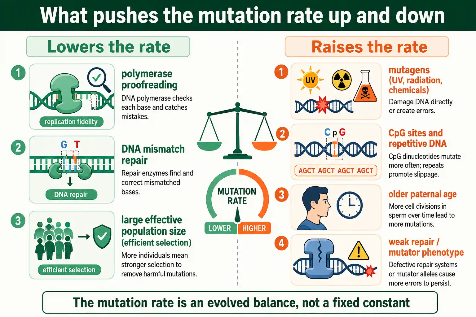 The main factors that raise and lower the mutation rate