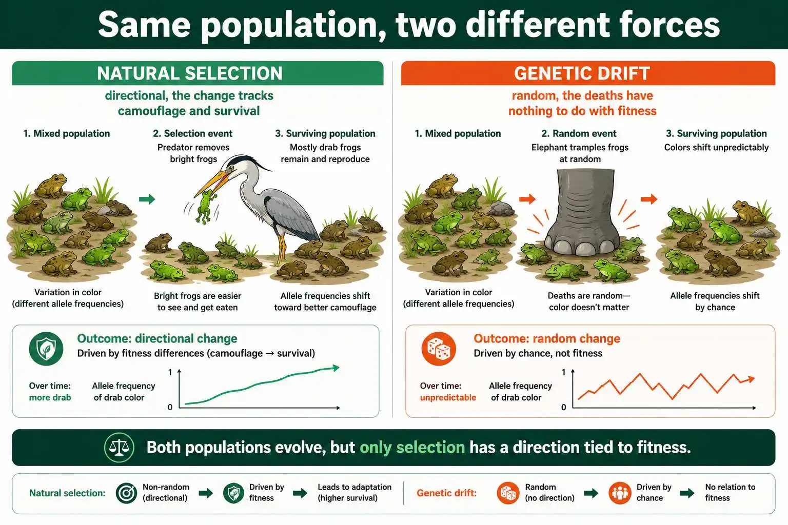 Frog analogy: selection versus drift