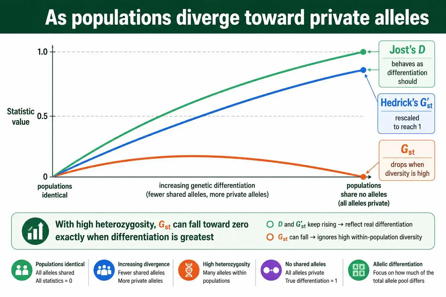 How Gst, G'st, and Jost's D diverge