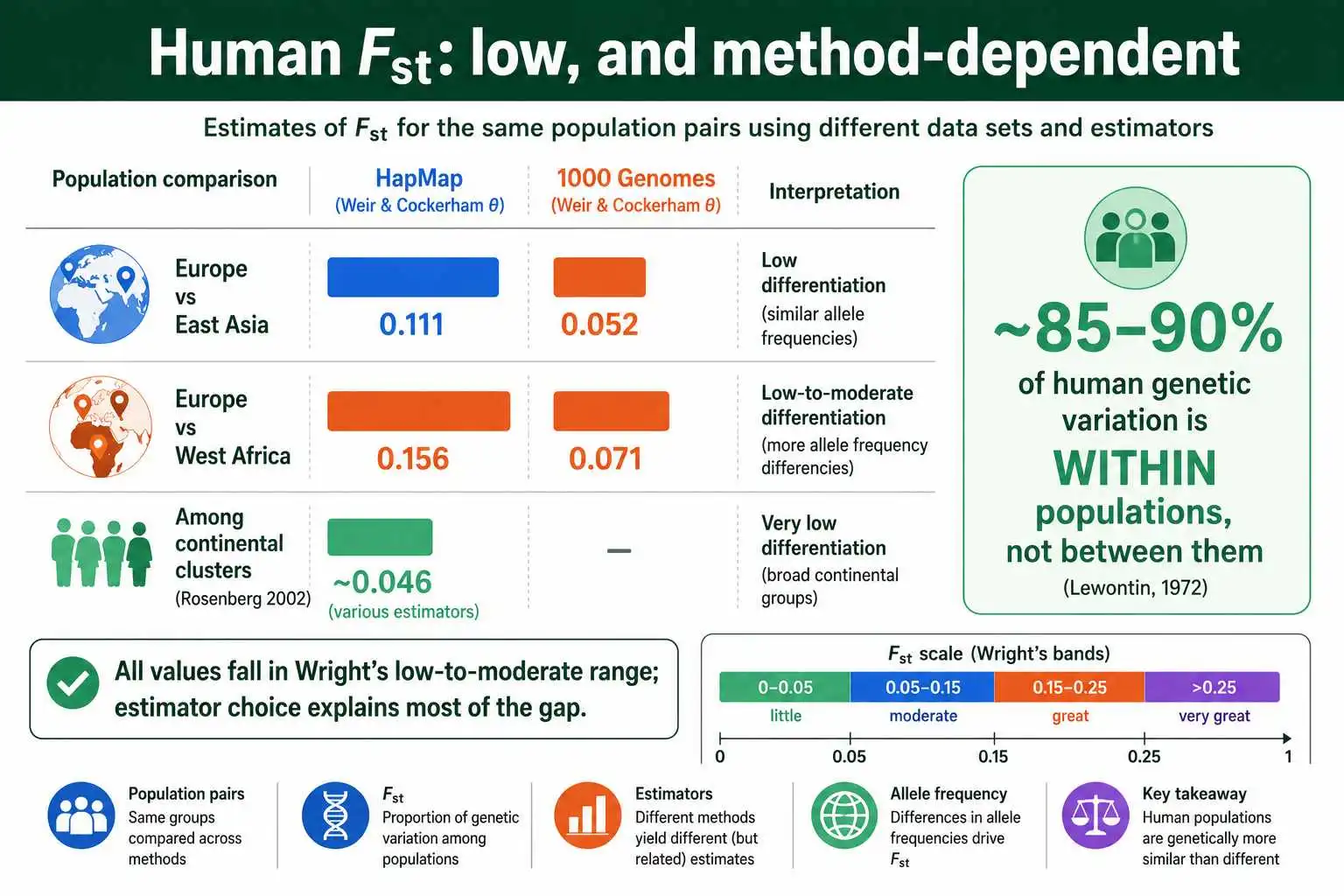 Human Fst estimates by method and comparison