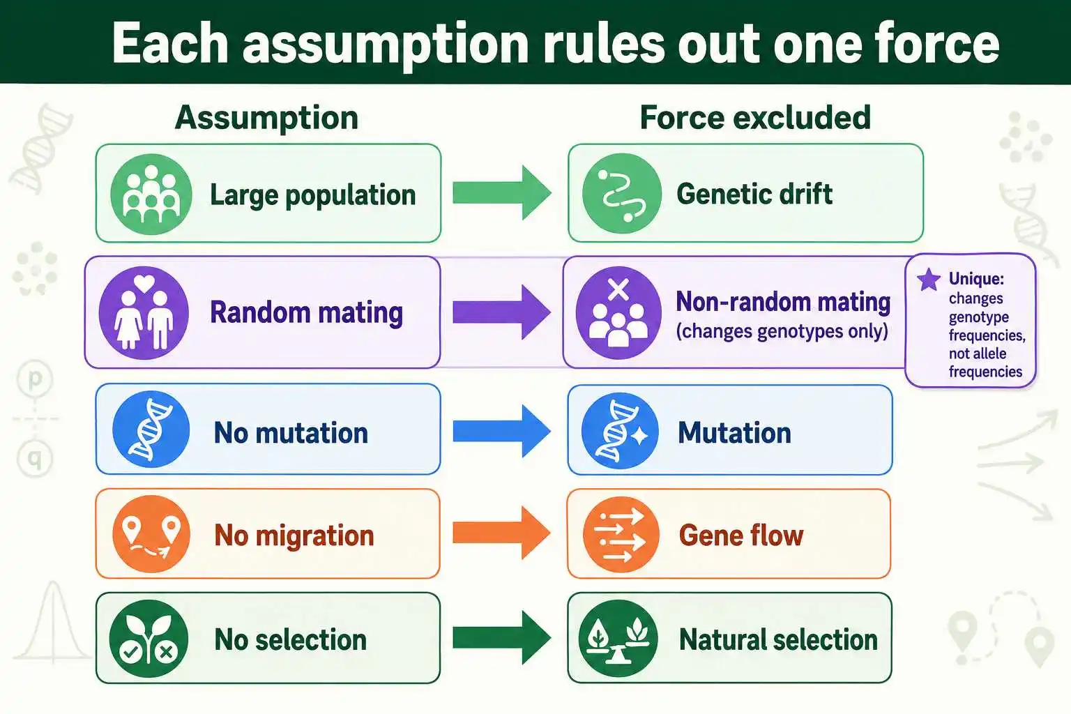Five assumptions and the forces they exclude