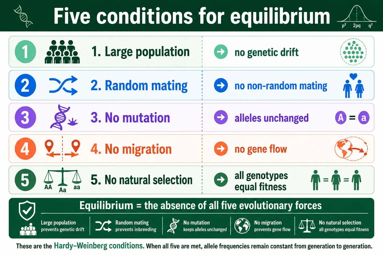 Five conditions for Hardy-Weinberg