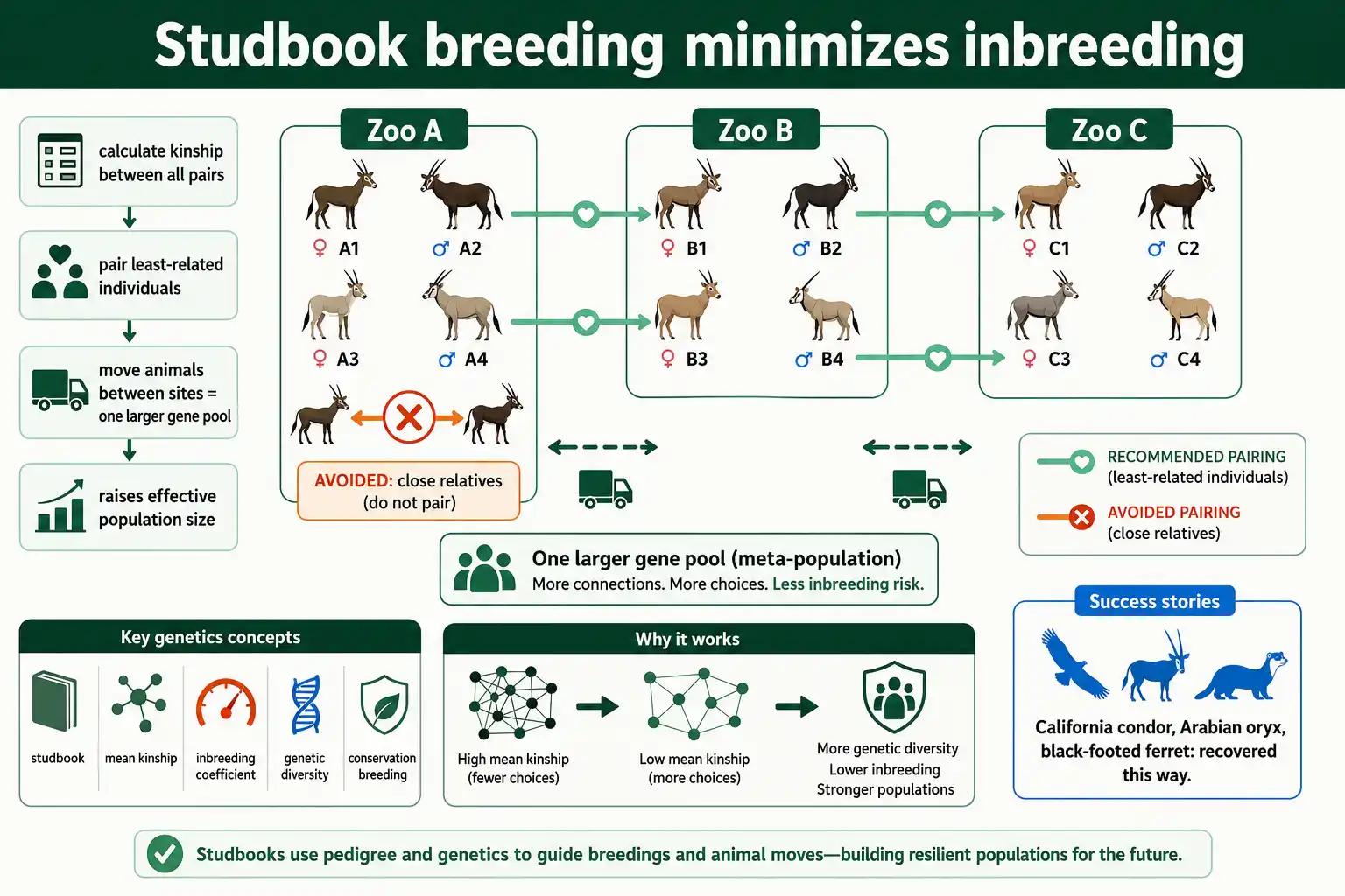Studbook management minimizes inbreeding in small populations