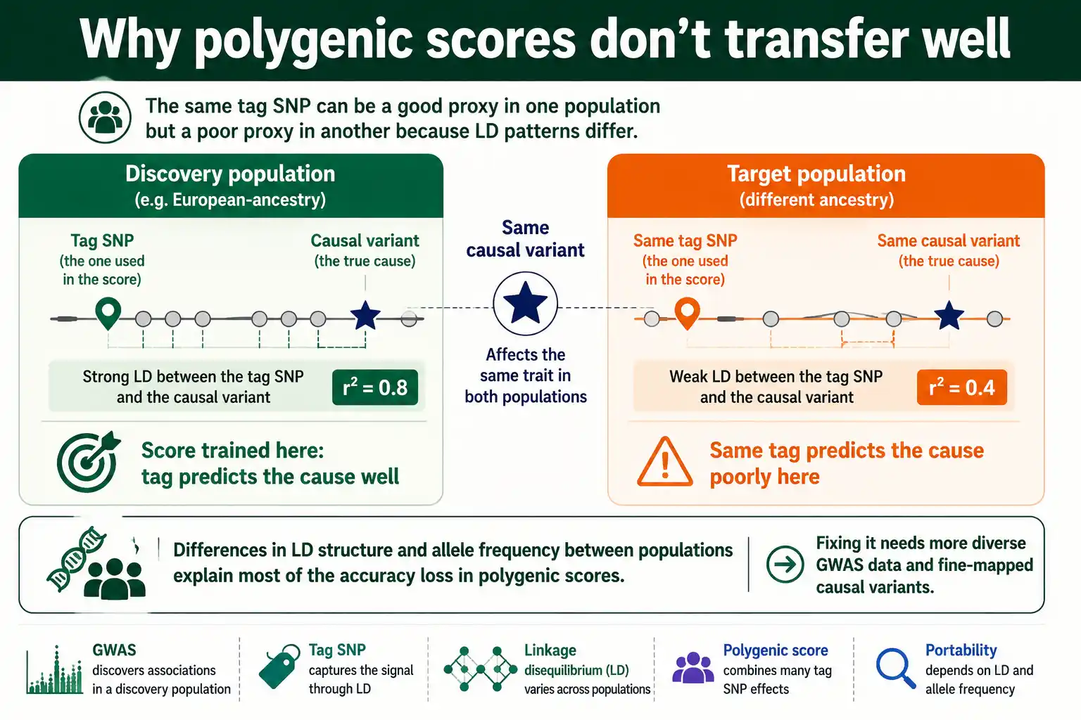 Why polygenic scores transfer poorly across populations with different LD