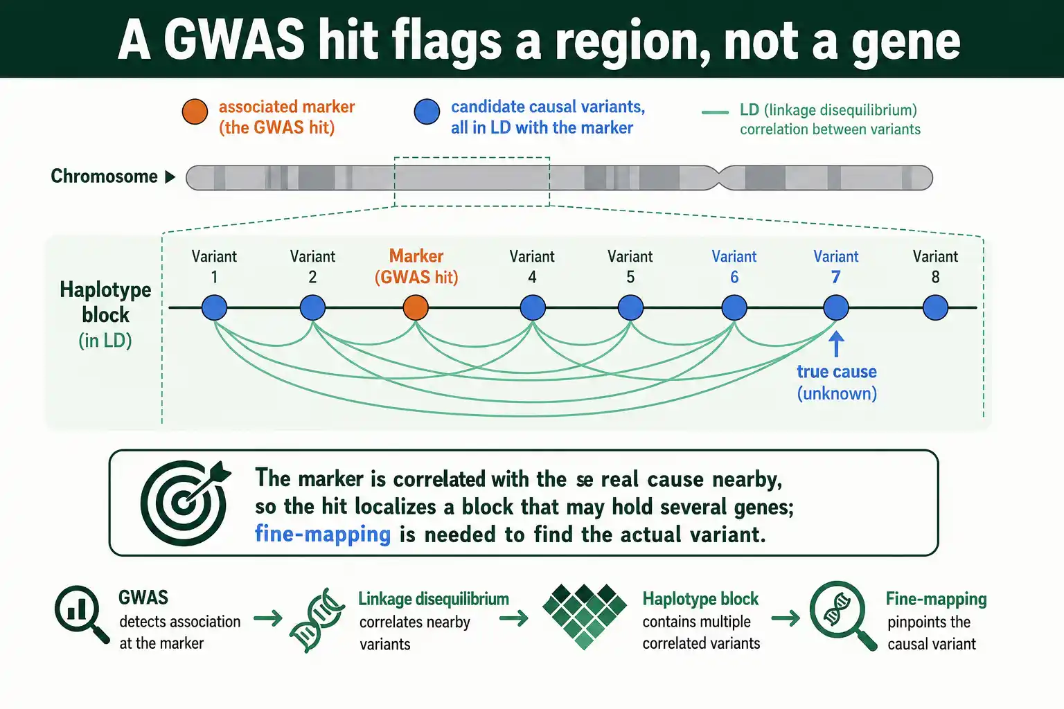 Why a GWAS hit tags a region rather than pinpointing the cause