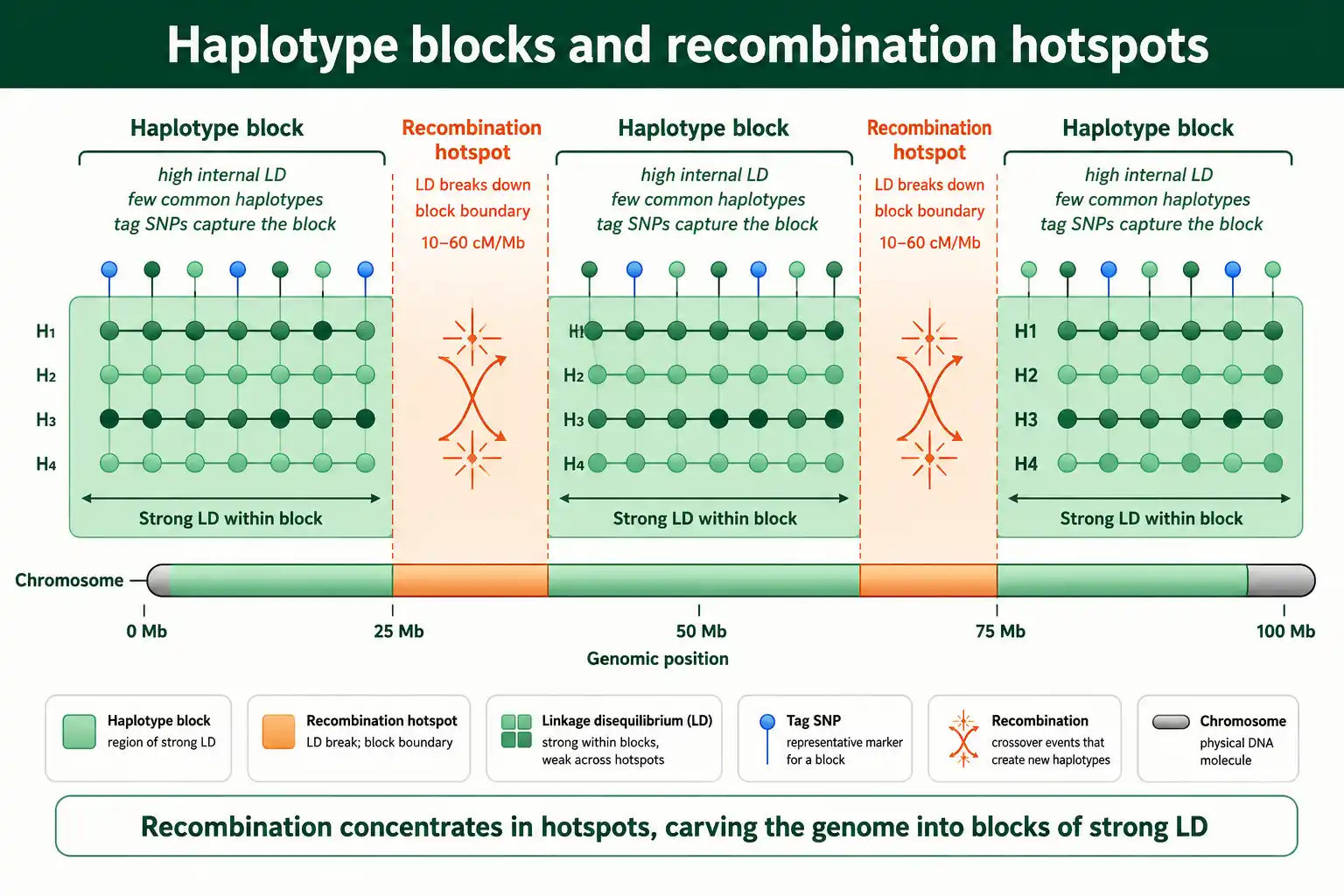 Haplotype blocks separated by recombination hotspots