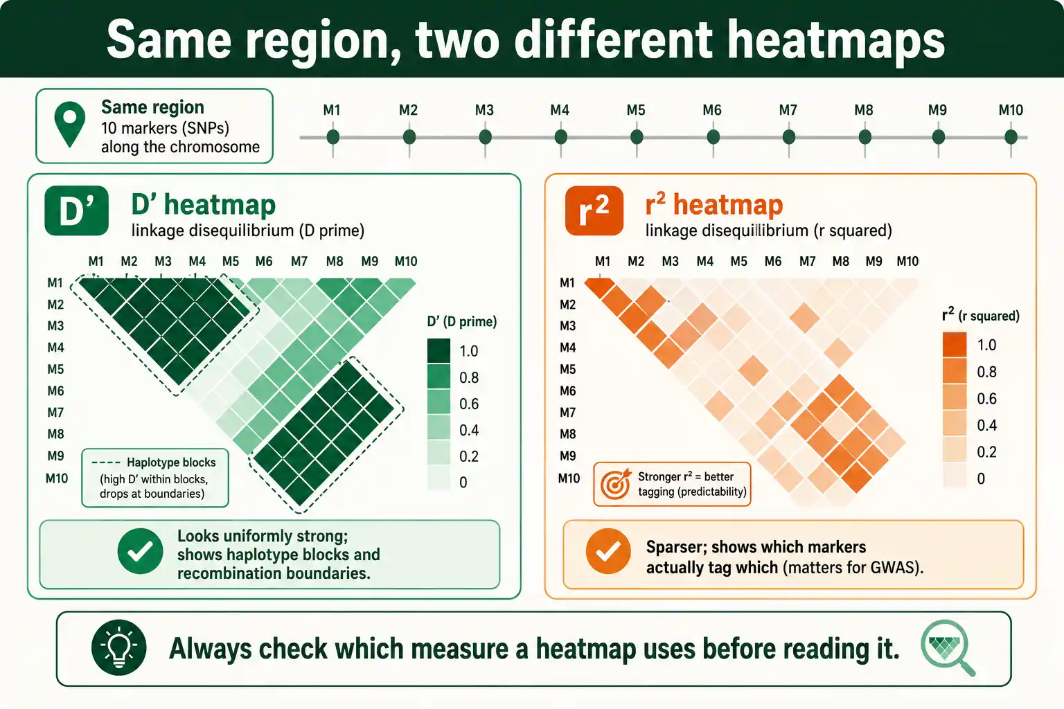 D prime and r squared heatmaps of the same region look different