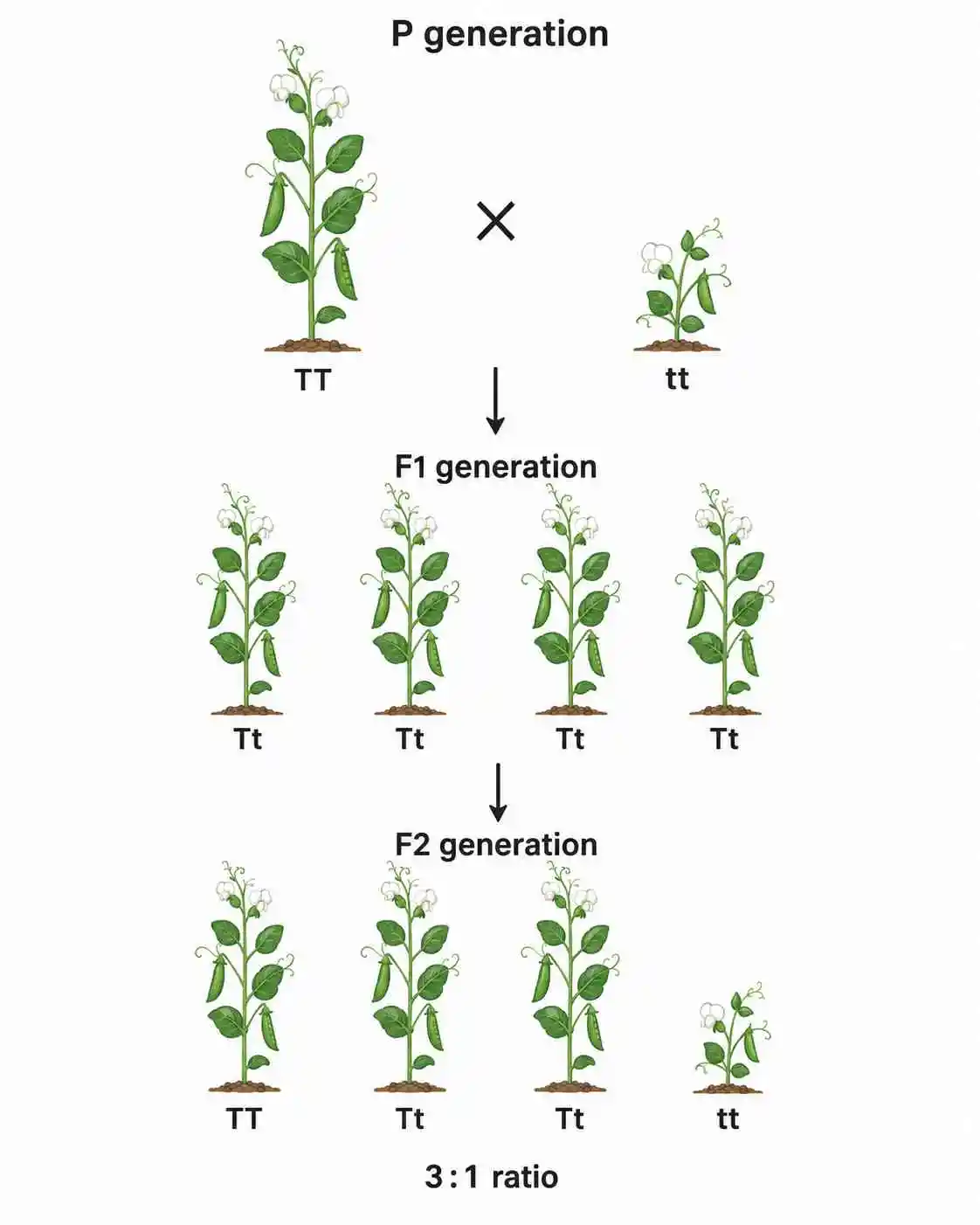 Diagram of Mendel's monohybrid cross showing the P generation of tall and short pea plants, an all-tall F1 generation, and the 3 to 1 ratio in the F2 generation