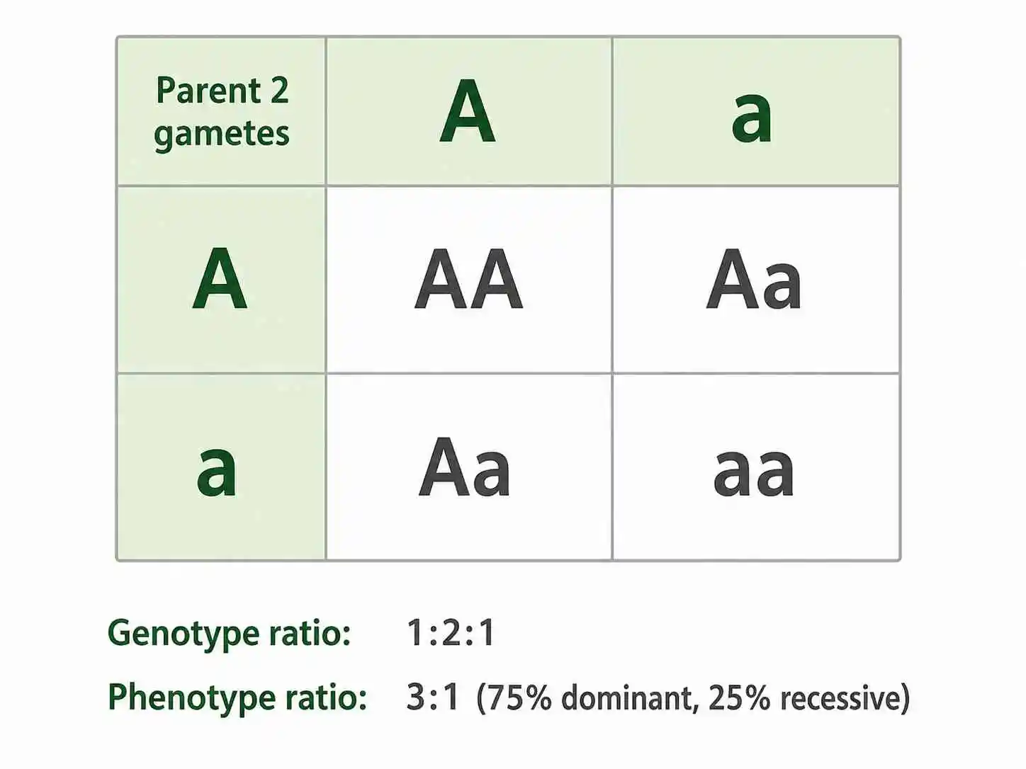 Filled monohybrid Punnett square for an Aa by Aa cross showing one AA, two Aa, and one aa, with a three to one phenotype ratio