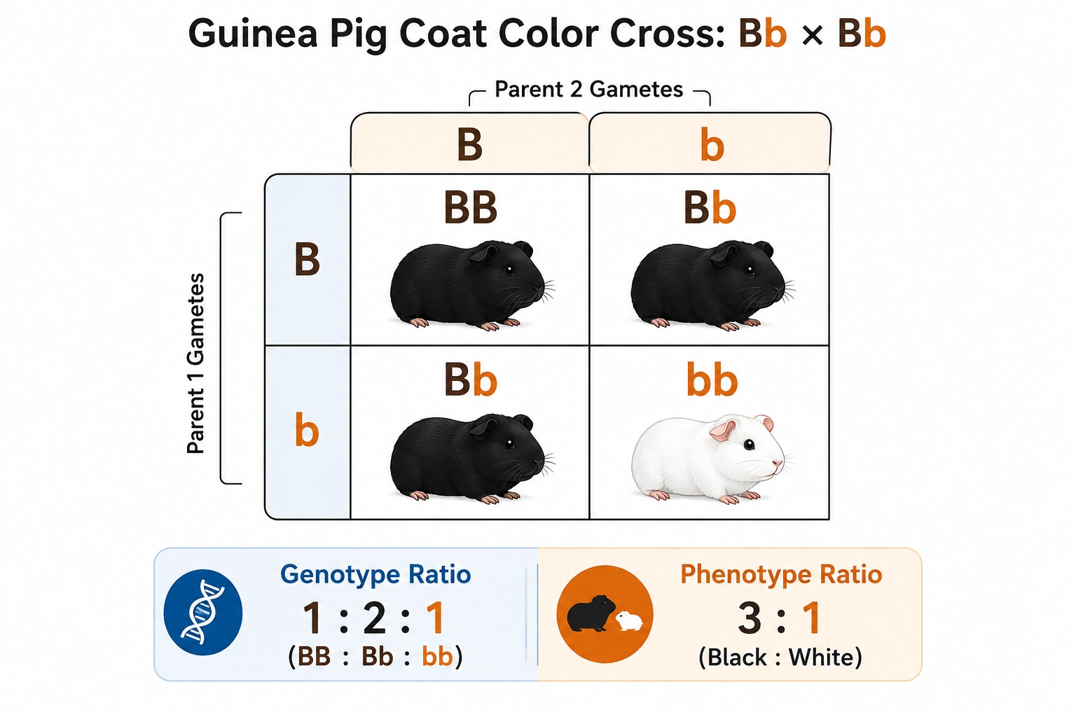 Completed Punnett square for a Bb by Bb guinea pig cross showing one BB, two Bb, and one bb, with a three black to one white phenotype ratio