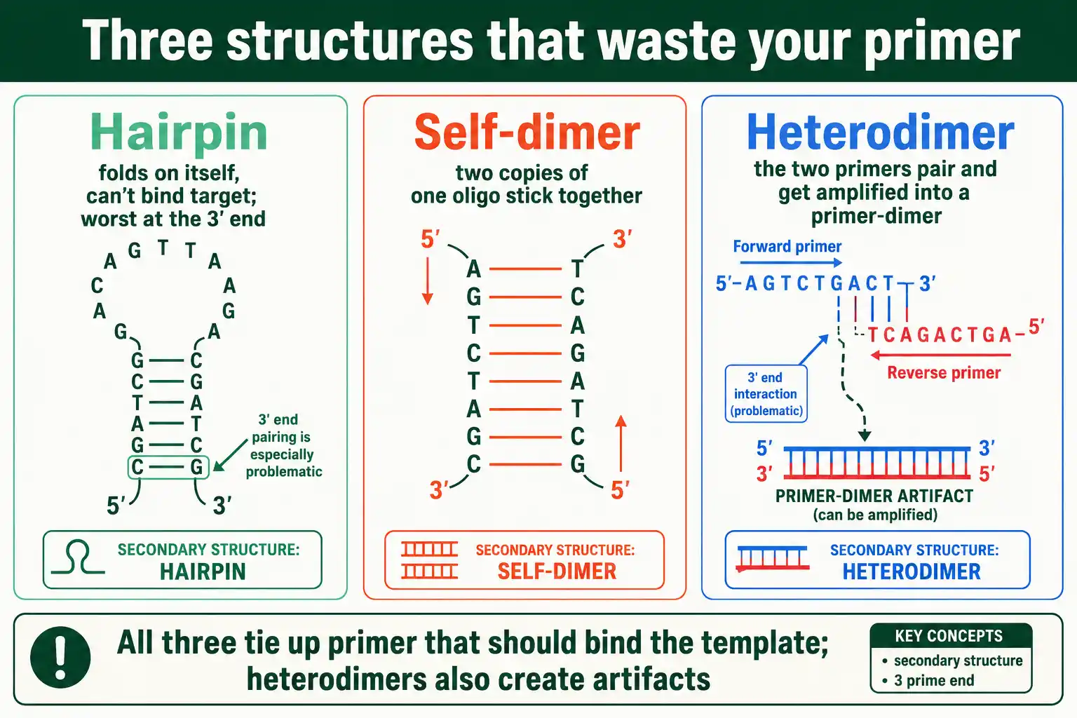 Hairpins, self-dimers, and heterodimers compete with target binding