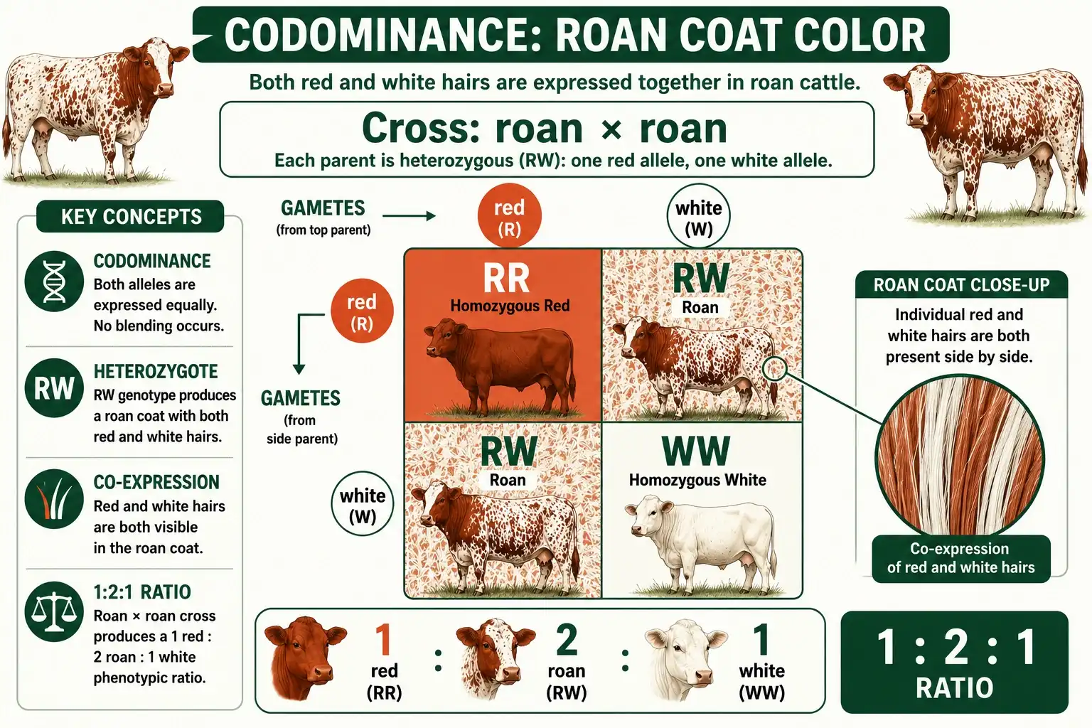 Roan codominance cross with 1:2:1 ratio